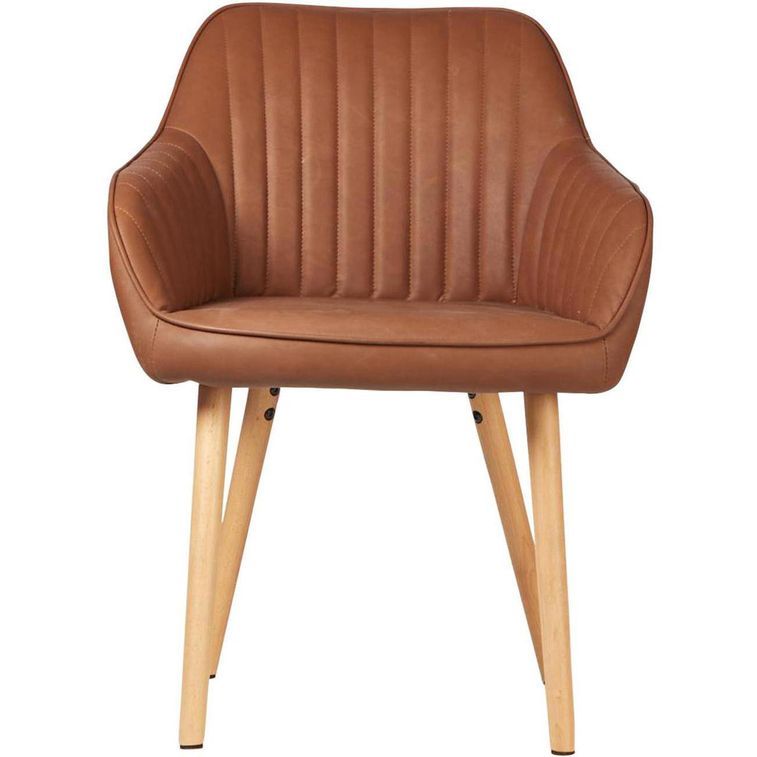 Chaise avec accoudoir vintage similicuir marron clair et pieds bois naturel Vizon - Lot de 2 - Photo n°2