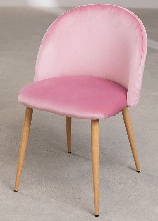 Chaise avec accoudoirs velours rose poudre et pieds métal imitation bois  Vida