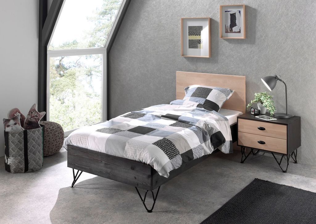 Chambre 2 pièces bois massif clair et gris Arna 120x200 cm - Photo n°1