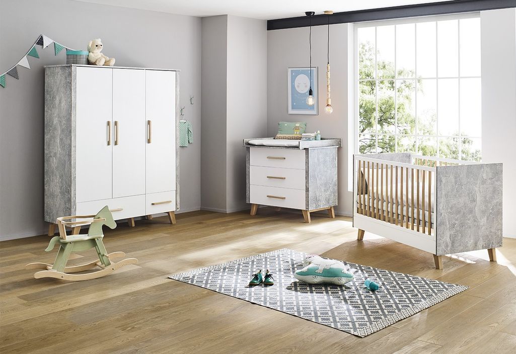 Chambre bébé 3 pièces chêne clair bois laqué blanc et gris Apollo - Photo n°1