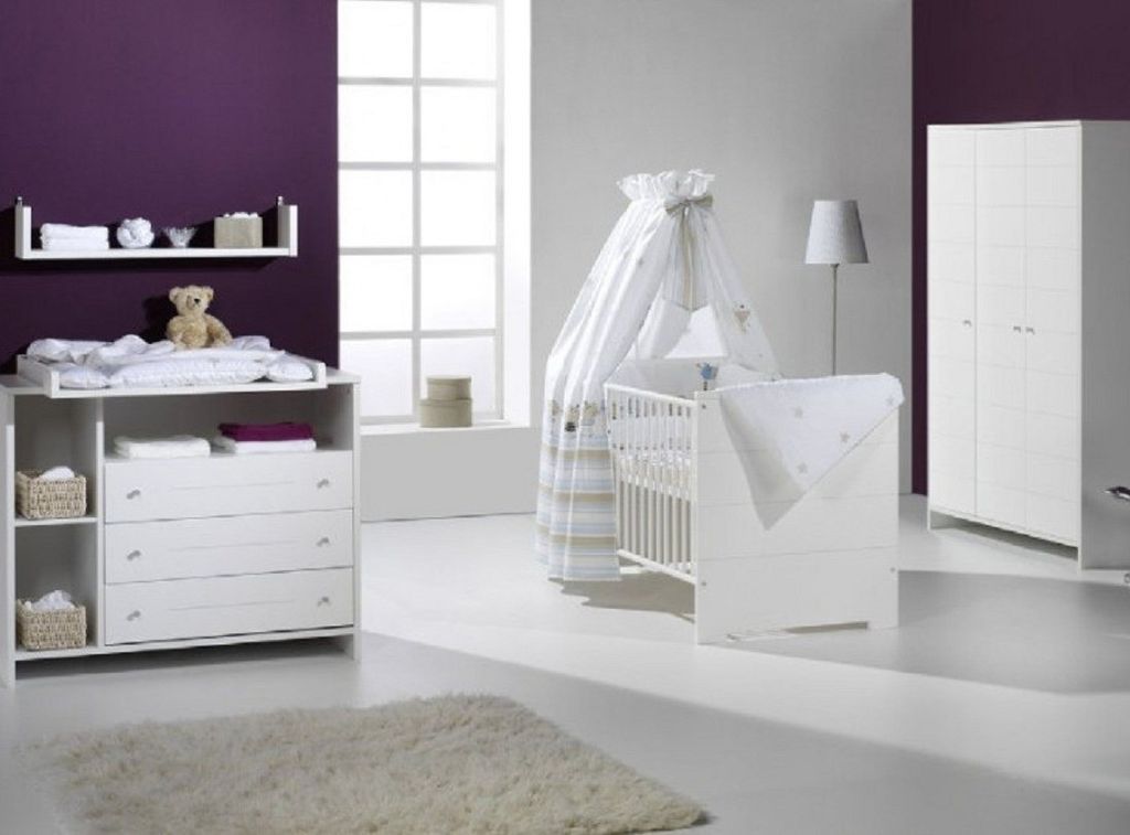 Chambre bébé Eco Stripe lit 70x140 cm commode à langer et armoire 3 portes bois laqué blanc - Photo n°1