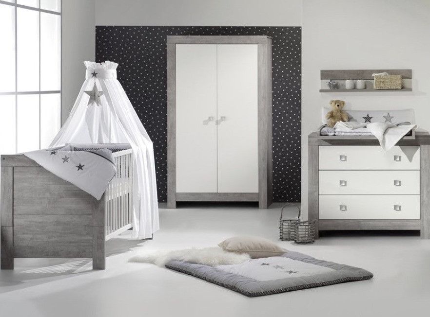 Chambre bébé Nordic Driftwood lit 70x140 cm commode et armoire 2 portes bois gris et blanc - Photo n°1