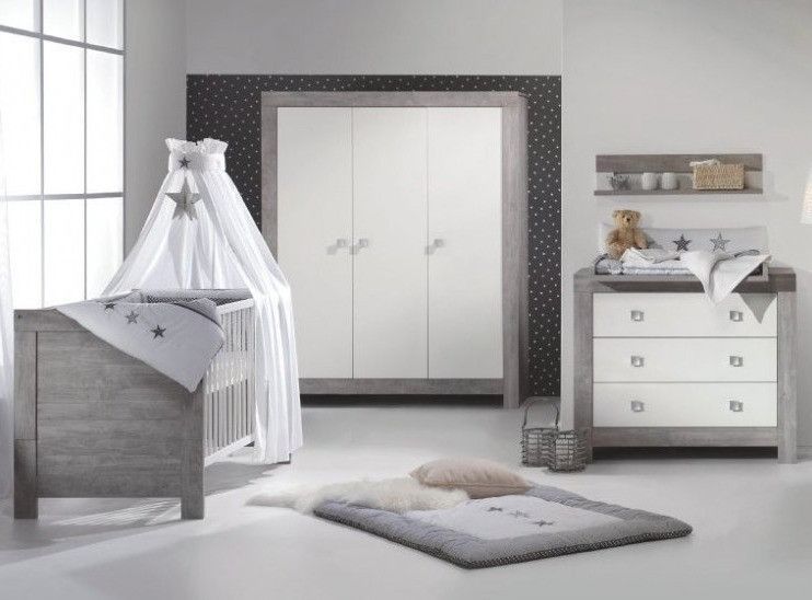 Chambre bébé Nordic Driftwood lit 70x140 cm commode et armoire 3 portes bois gris et blanc - Photo n°1