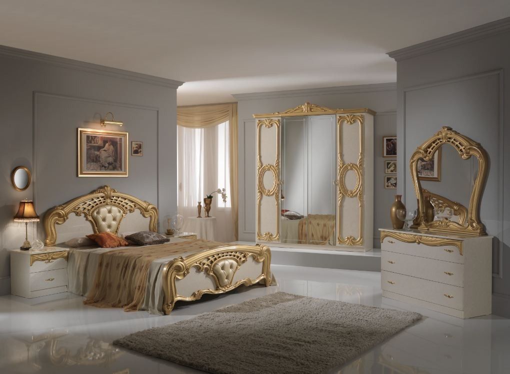 Chambre complète 6 pièces bois brillant beige et doré Crissie 160 - Photo n°1