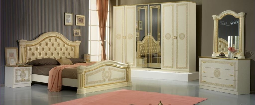 Chambre complète 6 pièces bois brillant beige et doré Savana 180 - Photo n°1
