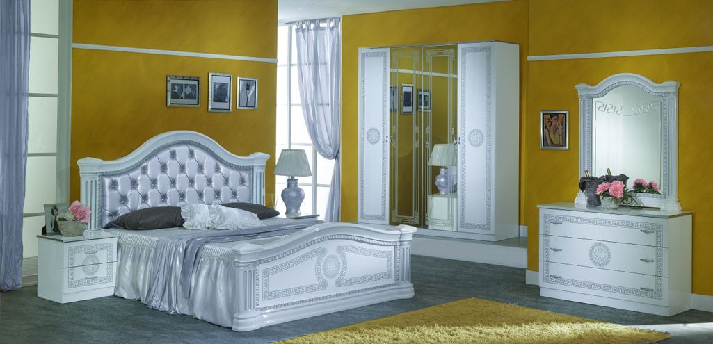 Chambre complète 6 pièces bois brillant blanc et gris Savana 160 - Photo n°1