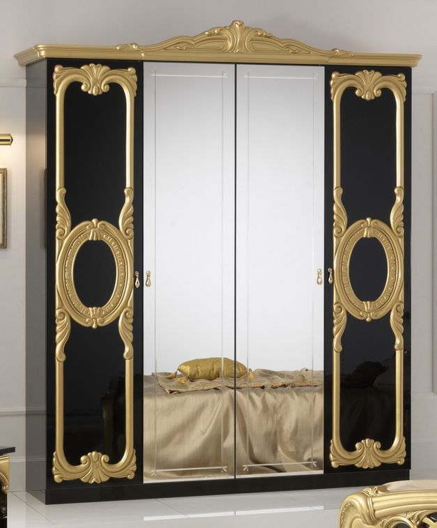 Chambre complète 6 pièces bois brillant noir et doré Crissie 160 - Photo n°2