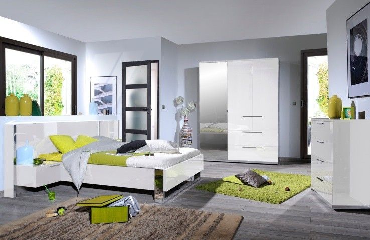 Chambre complète avec environnement laqué blanc armoire 3 portes Italya 160 - Photo n°1