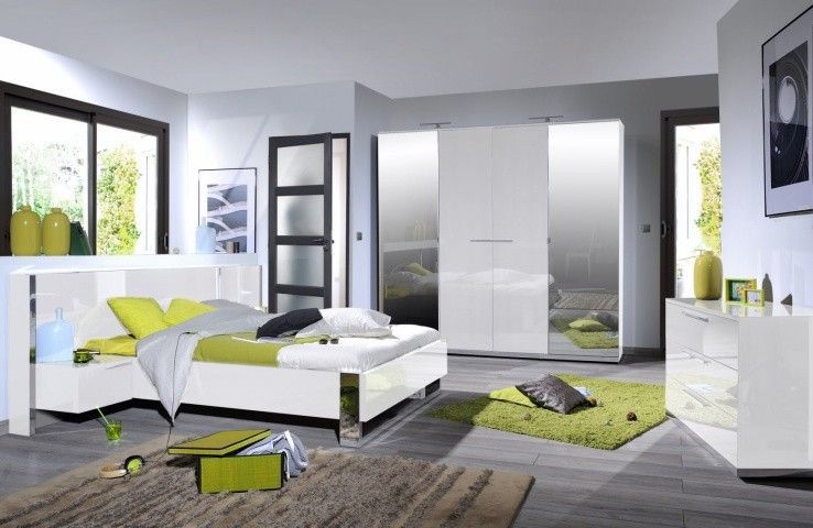 Chambre complète avec environnement laqué blanc armoire 4 portes Italya 140 - Photo n°1