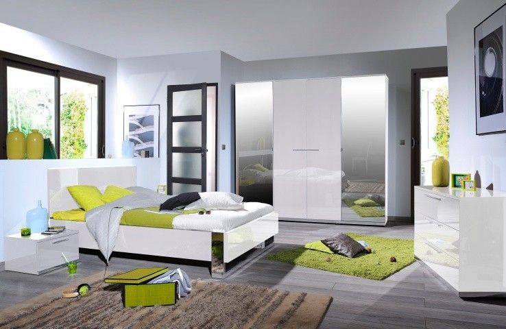 Chambre complète laqué blanc armoire 4 portes Italya 160 - Photo n°1