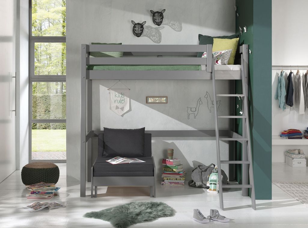 Chambre enfant 2 pièces lit et fauteuil transformable pin massif gris Pino 90x200 cm - Photo n°2