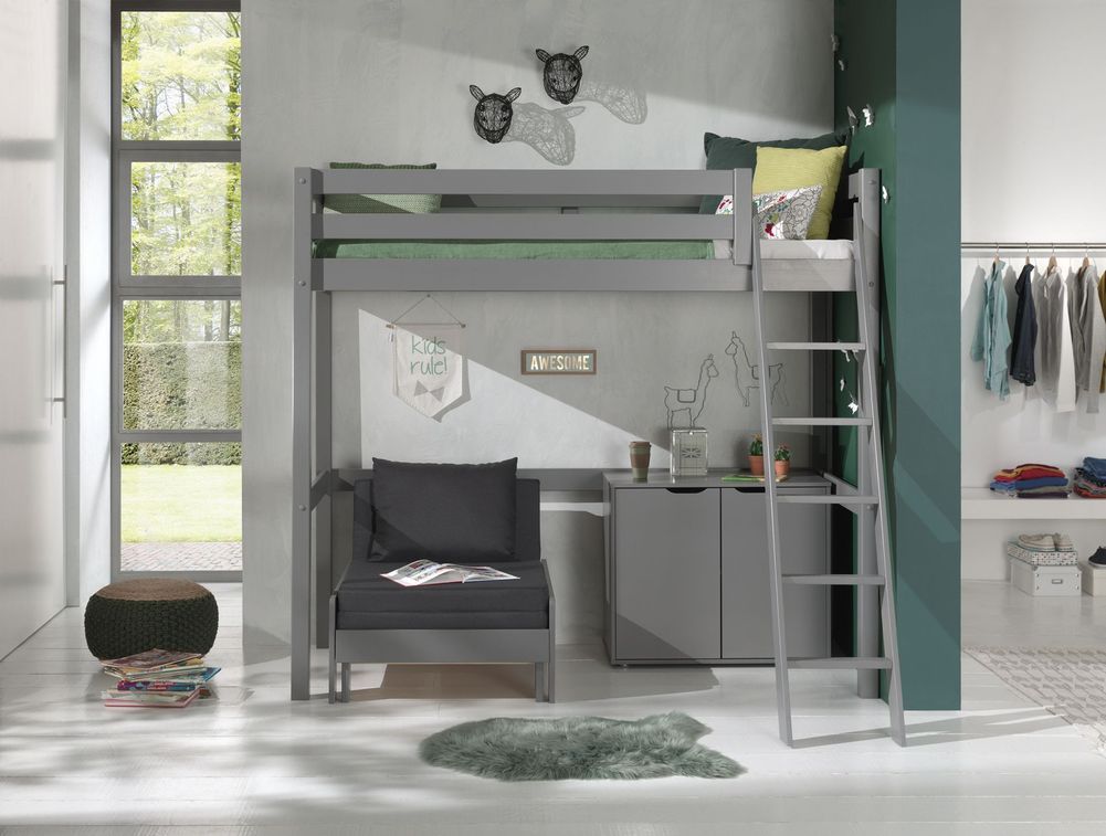 Chambre enfant 3 pièces lit fauteuil et commode 2 portes pin massif gris Pino 90x200 cm - Photo n°2