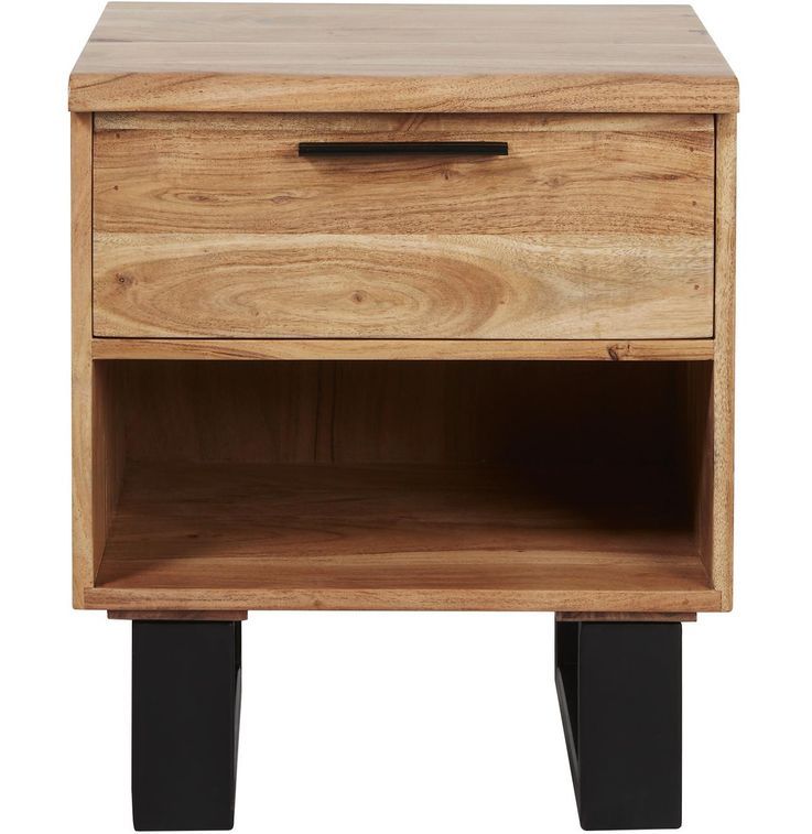 Table d'appoint 1 tiroir bois massif et pieds acier noir Kinoa 48 cm - Photo n°1