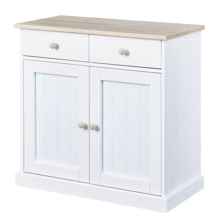Commode 2 portes 2 tiroirs pin massif clair et blanc Caly - Photo n°1