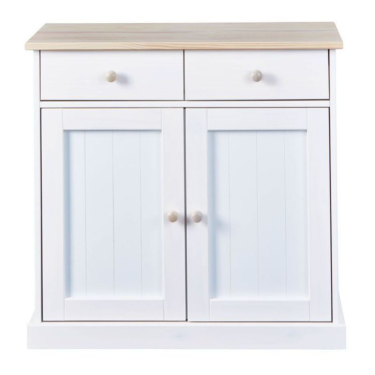 Commode 2 portes 2 tiroirs pin massif clair et blanc Caly - Photo n°2