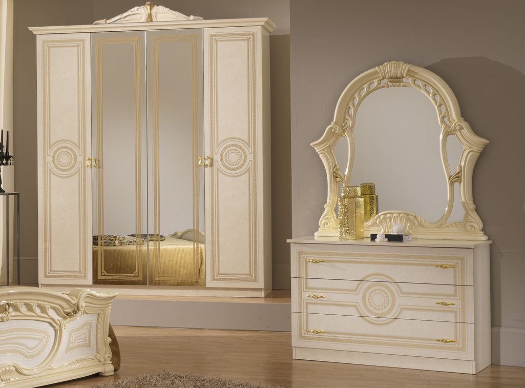 Commode 3 grands tiroirs bois brillant beige et doré Savana - Photo n°2