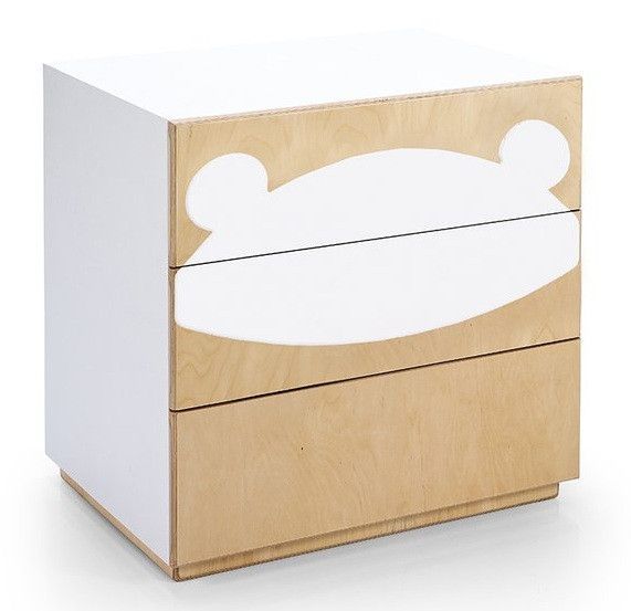 Commode 3 tiroirs laqué blanc et bois clair motif ours Fox - Photo n°1