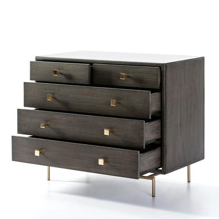Commode 5 tiroirs bois massif noir et pieds métal doré Bar - Photo n°2
