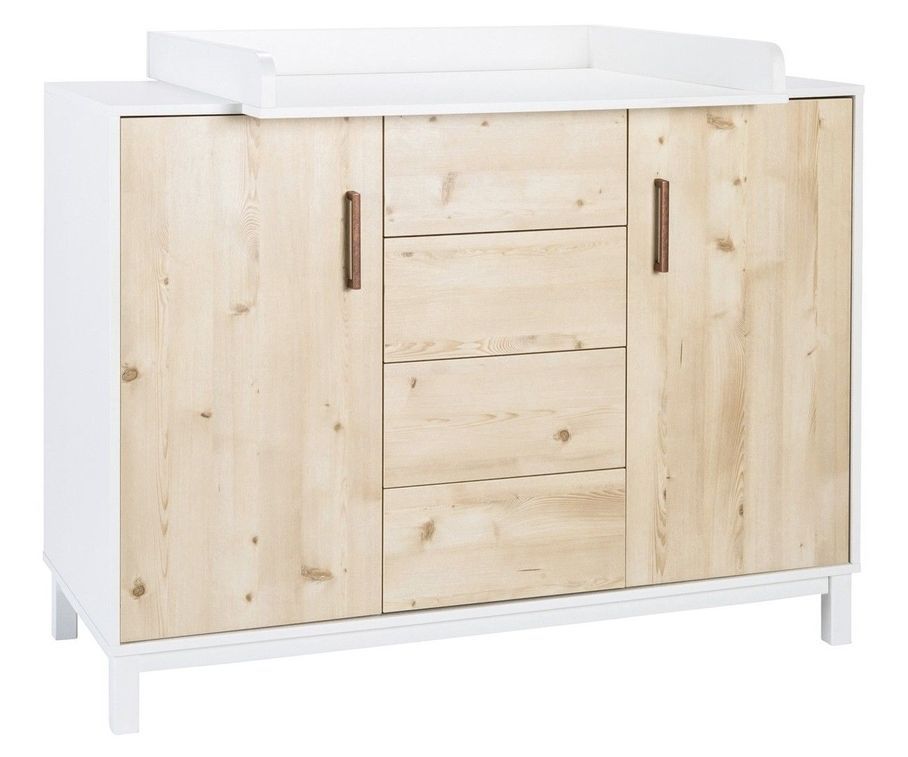 Commode avec plan à langer 2 portes 4 tiroirs bois clair et blanc Timber - Photo n°1