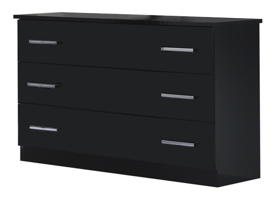 Commode design grands 3 tiroirs bois noir laqué avec poignées chromées Turin 116 cm - Photo n°1