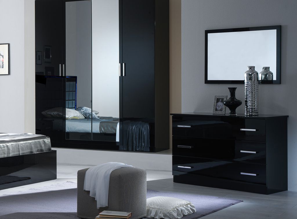 Commode design grands 3 tiroirs bois noir laqué avec poignées chromées Turin 116 cm - Photo n°2