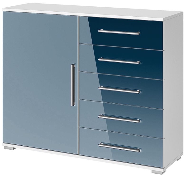 Commode design laquée Bleu 5 tiroirs 1 porte Quadra - Photo n°1