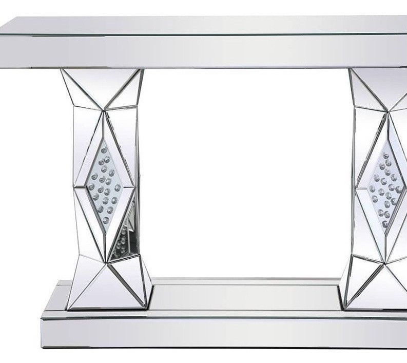 Table Console Argentée Effet Miroir en Verre et MDF de Style Glamour