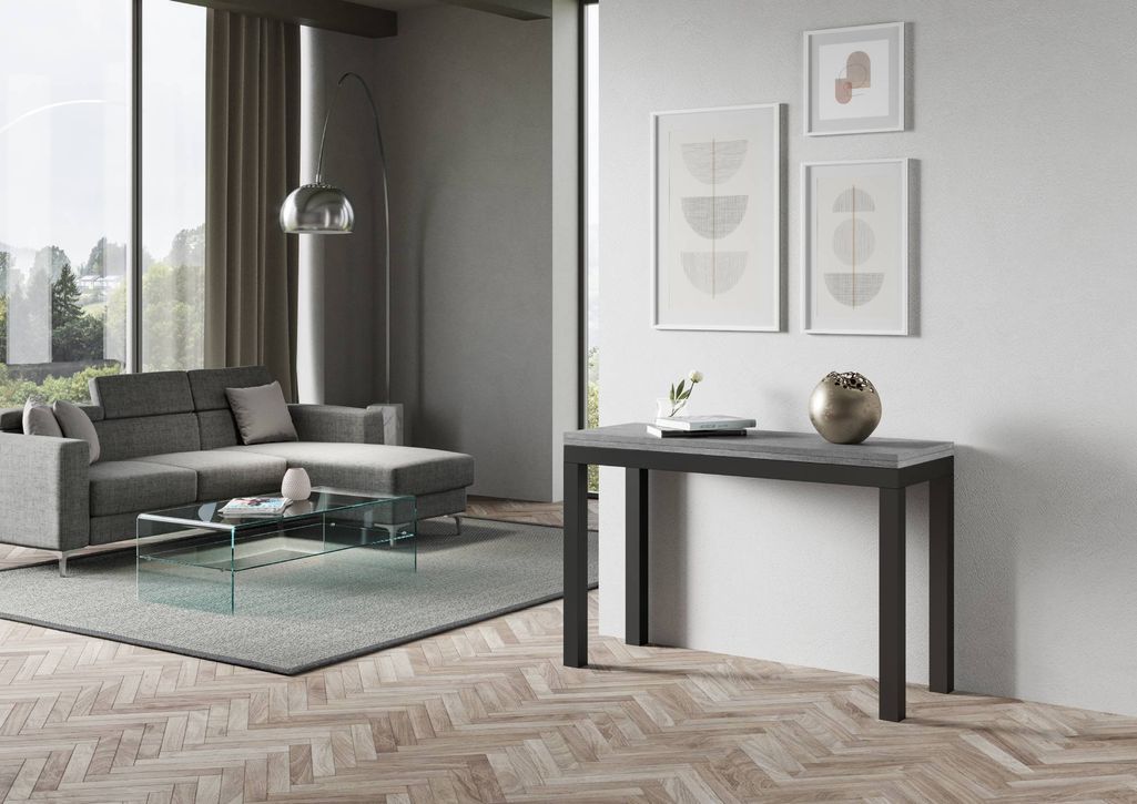 Console extensible 120 cm ouvert 120x90 ou 200x90 cm bois gris ciment et pieds métal anthracite Evy - Photo n°4