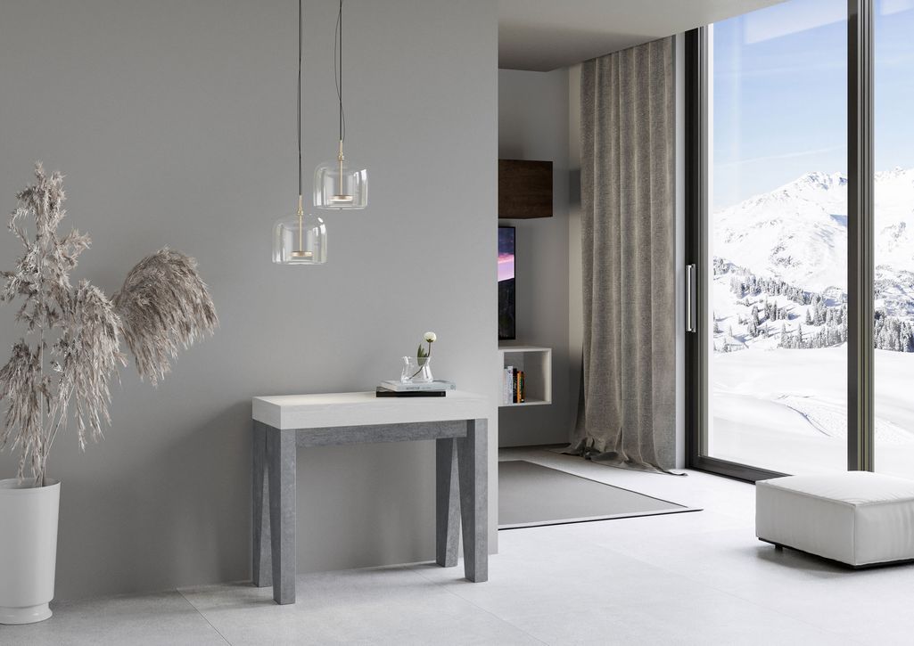 Console extensible blanche pieds bois gris béton 12 personnes 40 à 300 cm Naxo - Photo n°2