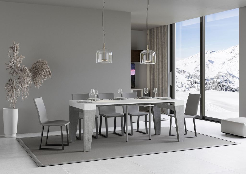 Console extensible blanche pieds bois gris béton 12 personnes 40 à 300 cm Naxo - Photo n°4