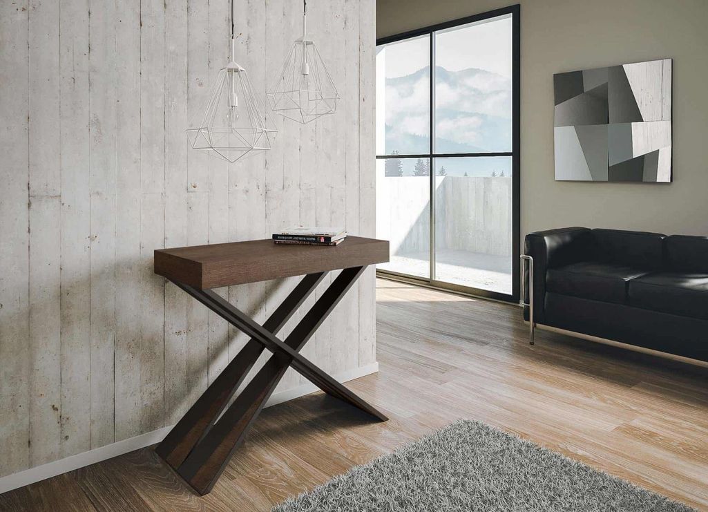 Console extensible design bois foncé et pieds croisés métal gris 40 à 196 cm Diair - Photo n°2