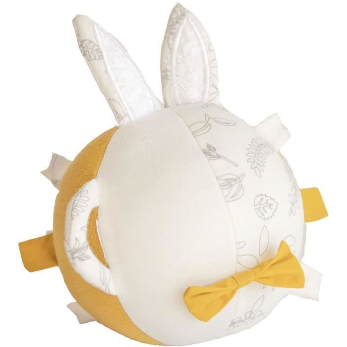 DOMIVA Balle d'activités Leafy Bunny - Coton bio - Sensorielle - Blanc/Jaune - 12 cm - Photo n°1