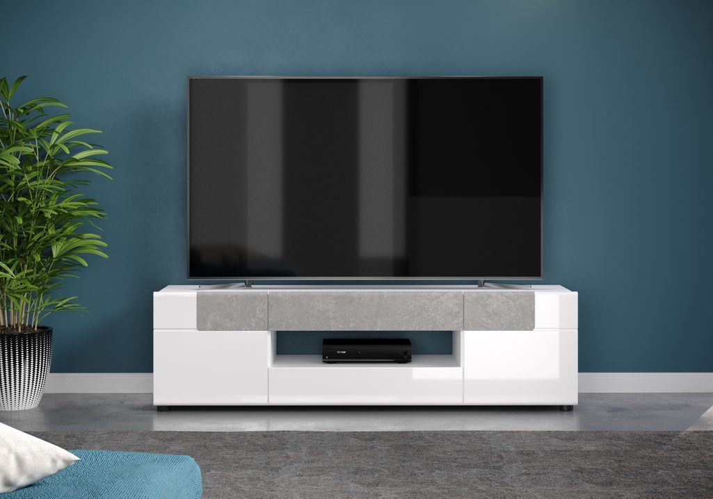 Élément mural meuble TV laqué blanc et gris clair ciment Tako 332 cm - Photo n°11