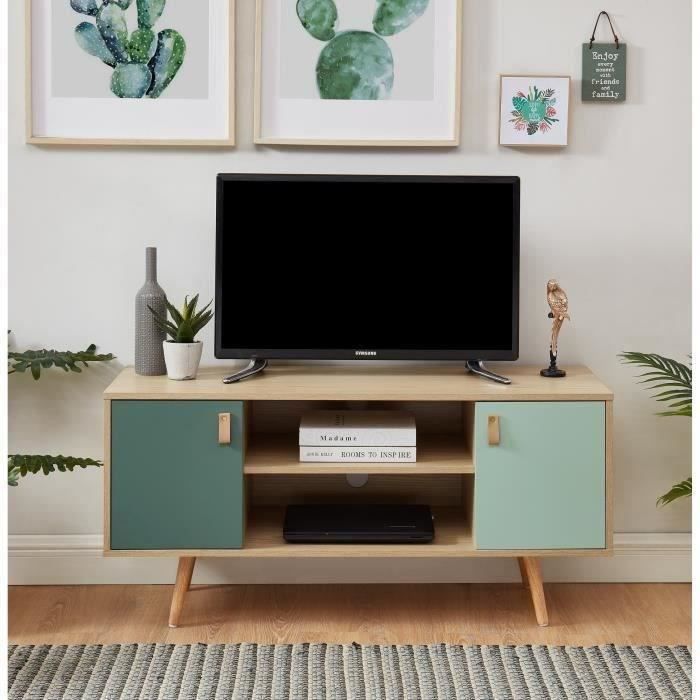Meuble TV 2 portes - Style vintage - Chene clair et vert pastel - L 116 x P 39,5 x H 53,5 cm - Photo n°2