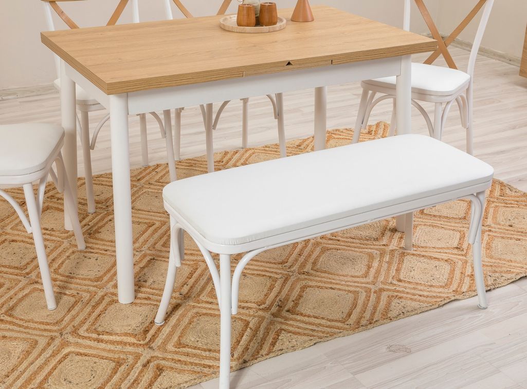 Ensemble 1 table extensible 4 chaises 1 banc bois naturel et blanc Kontante - Photo n°3