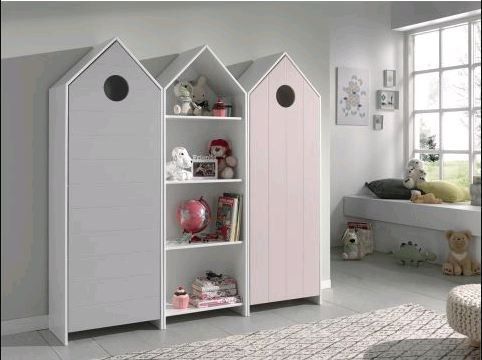 Ensemble 2 armoires enfant gris & rose et 1 bibliothèque blanche bois laqué Camila - Photo n°1
