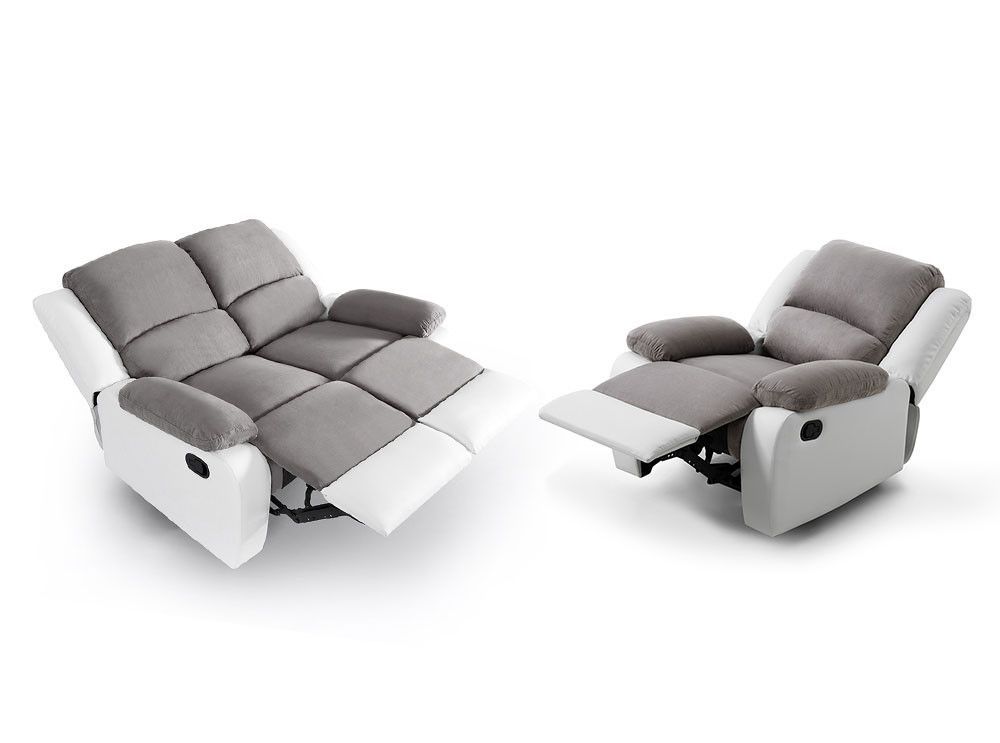 Ensemble canapé relaxation électrique 2 places et 1 fauteuil simili cuir blanc et microfibre gris Confort - Photo n°2