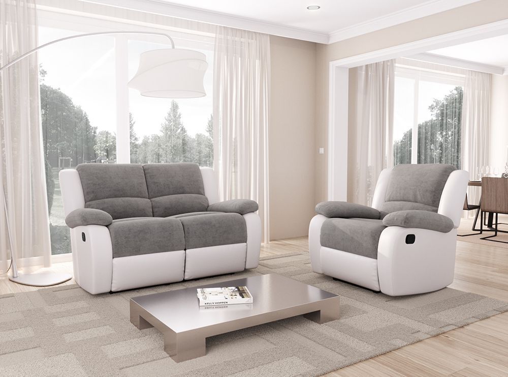 Ensemble canapé relaxation électrique 2 places et 1 fauteuil simili cuir blanc et microfibre gris Confort - Photo n°4