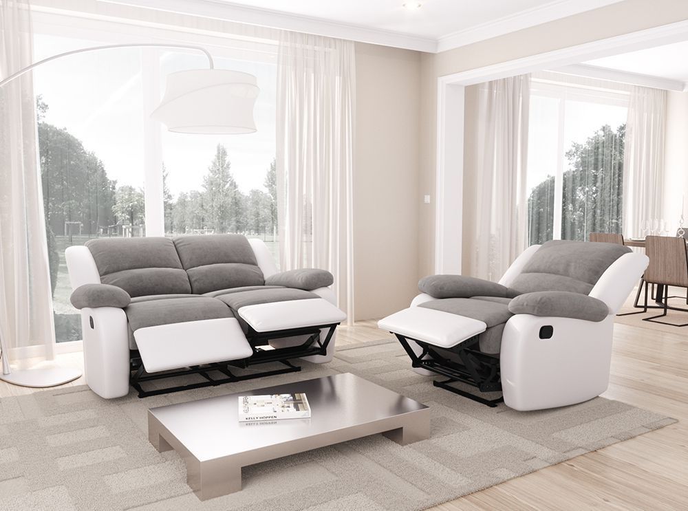 Ensemble canapé relaxation électrique 2 places et 1 fauteuil simili cuir blanc et microfibre gris Confort - Photo n°5