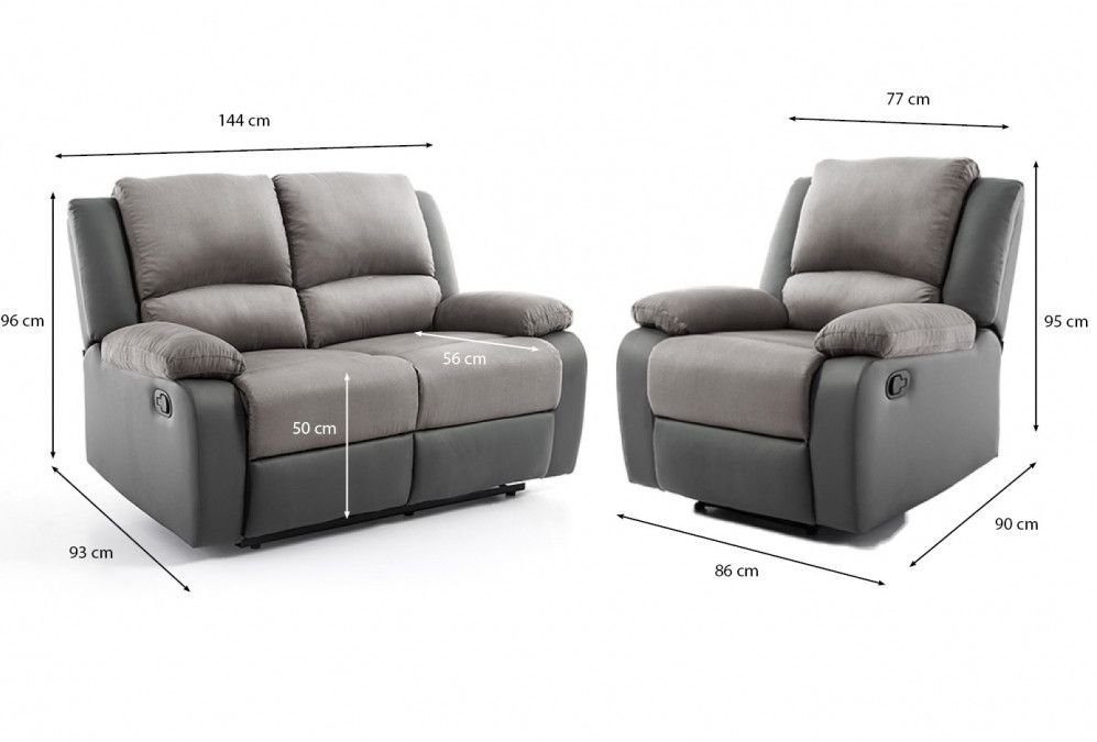 Ensemble canapé relaxation électrique 2 places et 1 fauteuil simili cuir noir et microfibre gris Confort - Photo n°2