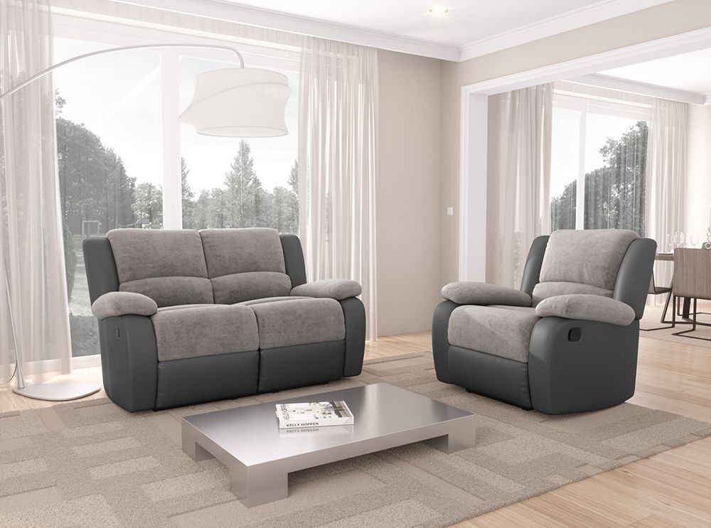 Ensemble canapé relaxation électrique 2 places et 1 fauteuil simili cuir noir et microfibre gris Confort - Photo n°3