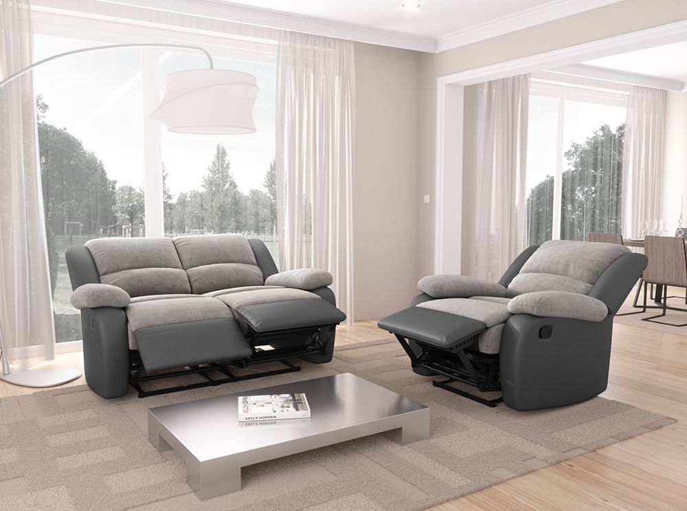 Ensemble canapé relaxation électrique 2 places et 1 fauteuil simili cuir noir et microfibre gris Confort - Photo n°4