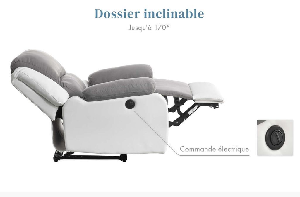 Ensemble canapé relaxation électrique 2 places et 1 fauteuil simili cuir noir et microfibre gris Confort - Photo n°13