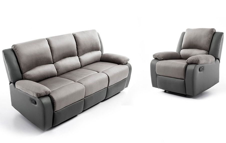 Ensemble canapé relaxation électrique 3 places et 1 fauteuil simili cuir noir et microfibre gris Confort - Photo n°1