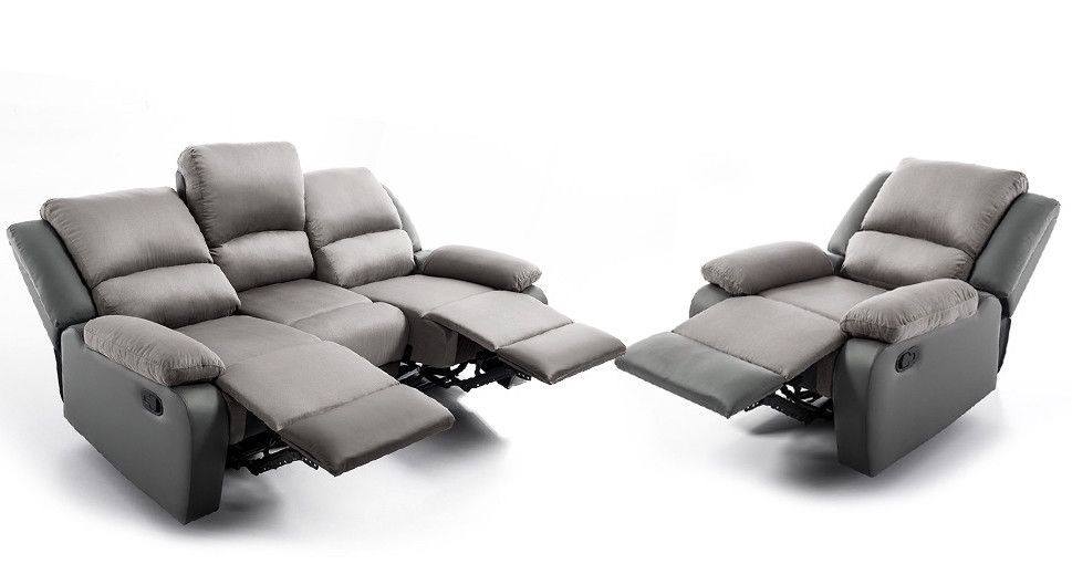 Ensemble canapé relaxation électrique 3 places et 1 fauteuil simili cuir noir et microfibre gris Confort - Photo n°2