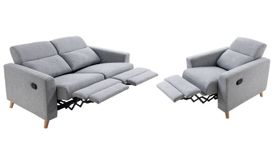 Ensemble canapé relaxation manuel 2 places et fauteuil scandinave tissu gris clair Kinat - Photo n°2