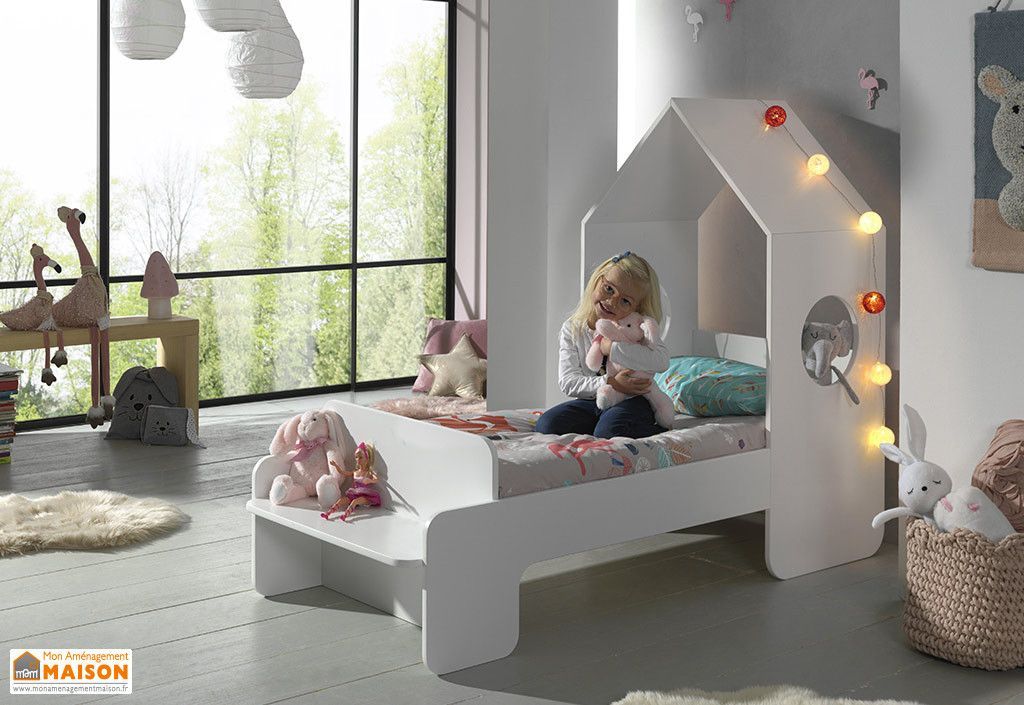 Ensemble lit maison blanc avec banc 70x140 cm et armoire blanc bois laqué Camila - Photo n°2