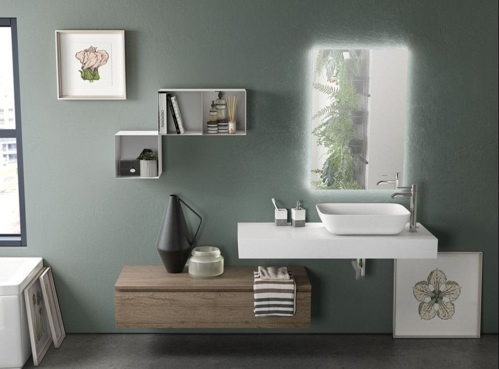 Ensemble meuble de salle de bain 1 tiroir blanc et chêne et miroir lumineux Kyo L 120 cm - Photo n°1