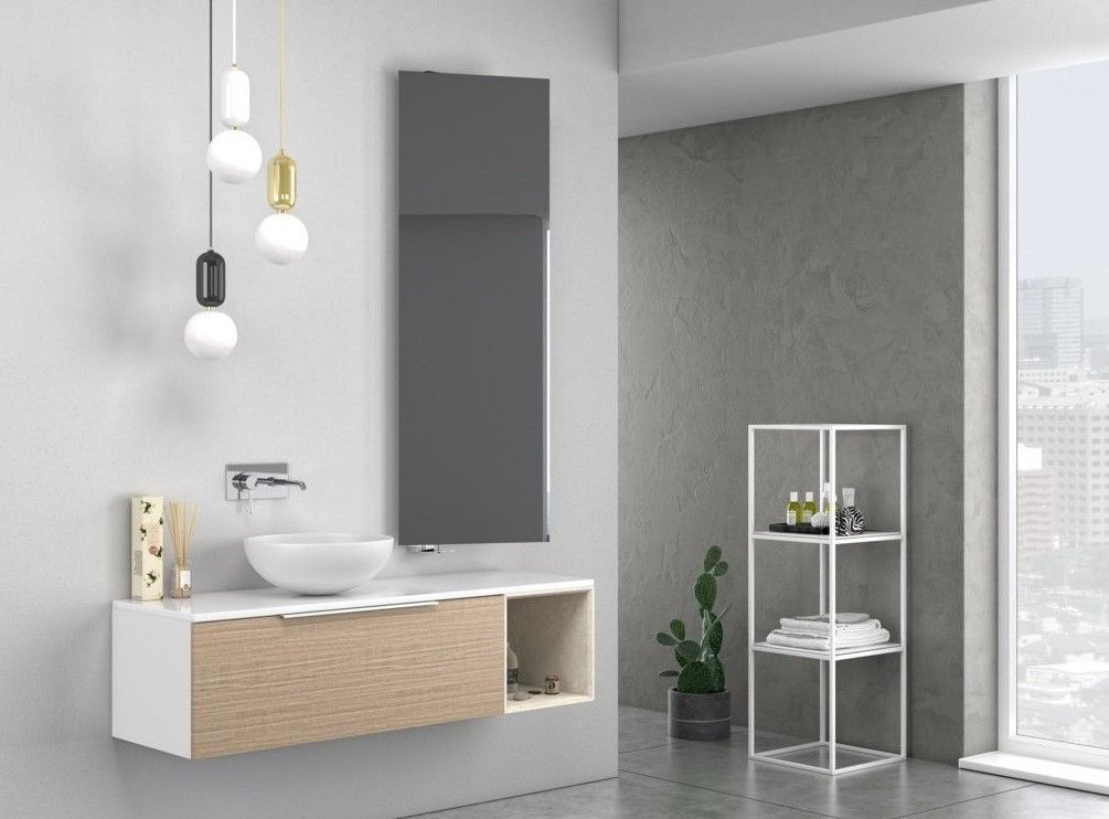 Ensemble meuble de salle de bain 1 tiroir blanc et chêne et miroir Catan L 135 cm - Photo n°1