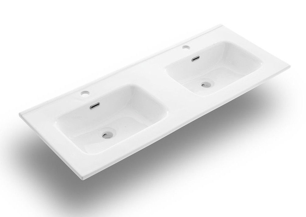 Ensemble meuble de salle de bain 2 tiroirs laqué blanc double vasque et miroir à LED Oga L 120 cm - Photo n°3
